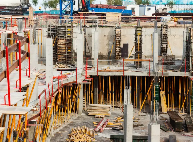 Large commercial construction site supported by San Jose Scaffolding Rental and structural formwork systems.
