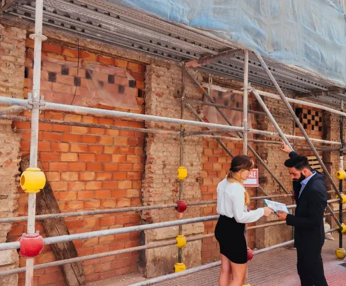 Residential masonry inspection using secure scaffolding from San Jose Scaffolding Rental.