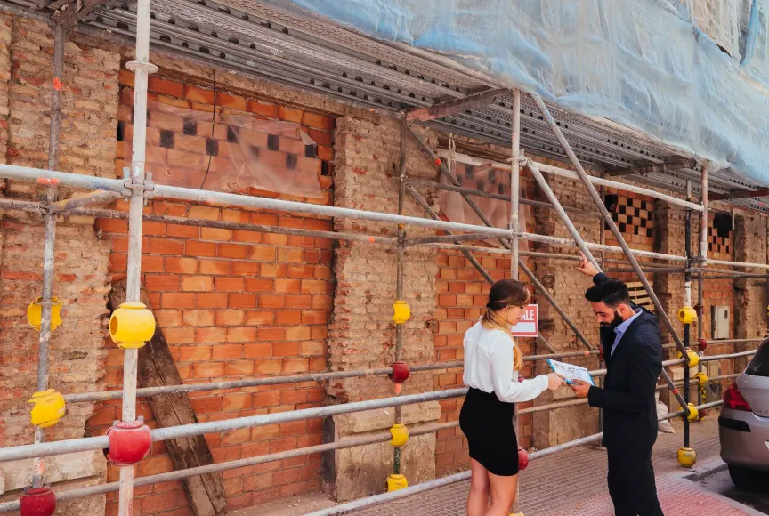 Residential masonry inspection using secure scaffolding from San Jose Scaffolding Rental.